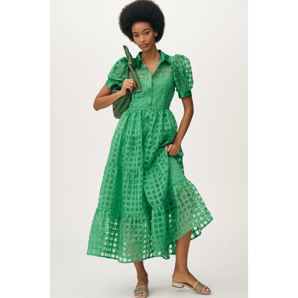 Anthropologie English Factory Midi Dress Green Organza Button Front Small NWT